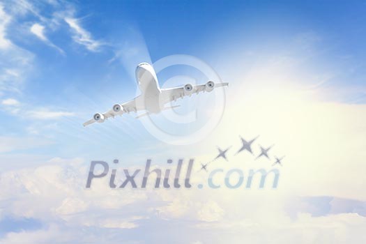 Image of flying airplane in sky with clouds at background Image of flying airplane in sky with clouds at background