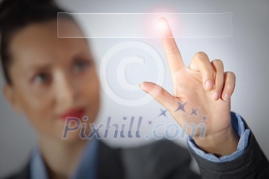 Business woman touching virtual display. Business and technology concept Business woman touching virtual display. Business and technology concept