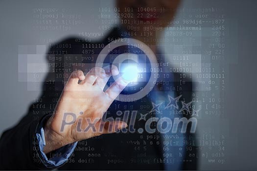 Business woman touching virtual display. Business and technology concept Business woman touching virtual display. Business and technology concept
