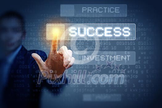 Business man touching virtual display. Business and technology concept Business man touching virtual display. Business and technology concept