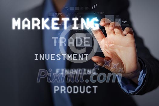 Business man touching virtual display. Business and technology concept Business man touching virtual display. Business and technology concept