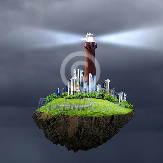 Collage with lighthouse at night with beam of light Collage with lighthouse at night with beam of light