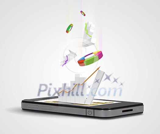 The Pad and three-dimensional graphics on gray background . illustration The Pad and three-dimensional graphics on gray background . illustration