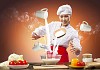 Asian female cooking with magic against color background