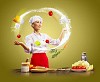 juggler female asian cook against color background