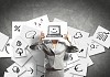 Image of businesswoman holding message board against face. Conceptual photo