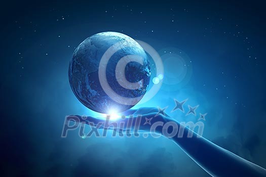 Image of hand holding earth planet against illustration background Image of hand holding earth planet against illustration background