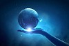 Image of hand holding earth planet against illustration background