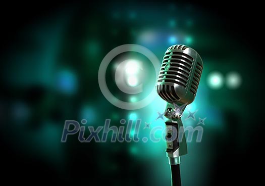 Single retro microphone against colourful background with lights Single retro microphone against colourful background with lights