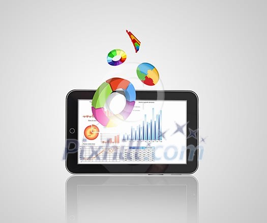The Pad and three-dimensional graphics on gray background . illustration The Pad and three-dimensional graphics on gray background . illustration