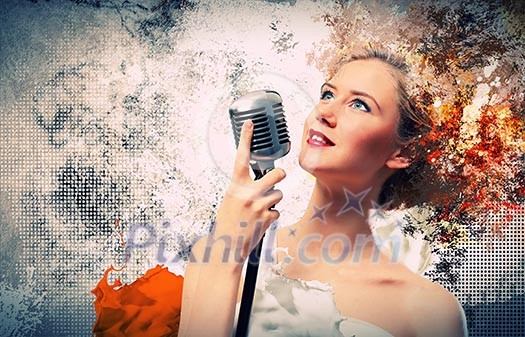 Image of female singer holding microphone against illustration background Image of female singer holding microphone against illustration background