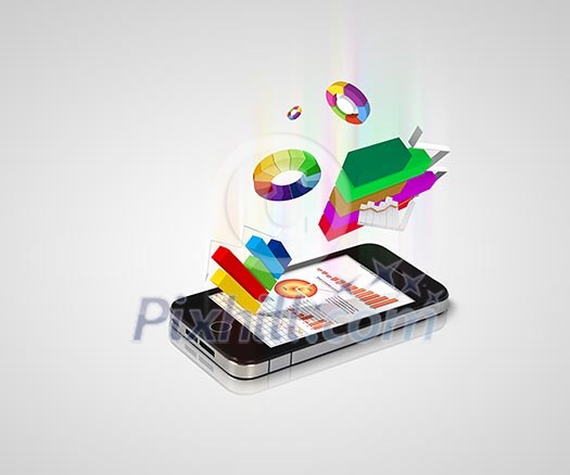 The Pad and three-dimensional graphics on gray background . illustration The Pad and three-dimensional graphics on gray background . illustration