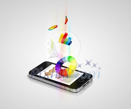 The Pad and three-dimensional graphics on gray background . illustration The Pad and three-dimensional graphics on gray background . illustration