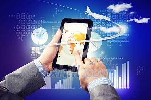 Image of businessman hands touching pad with virtual illustration against diagram background Image of businessman hands touching pad with virtual illustration against diagram background