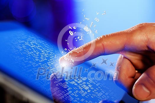 Closeup of finger touching blue toned screen on tablet-pc Closeup of finger touching blue toned screen on tablet-pc