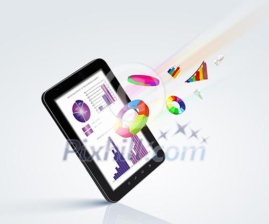 The Pad and three-dimensional graphics on gray background . illustration The Pad and three-dimensional graphics on gray background . illustration