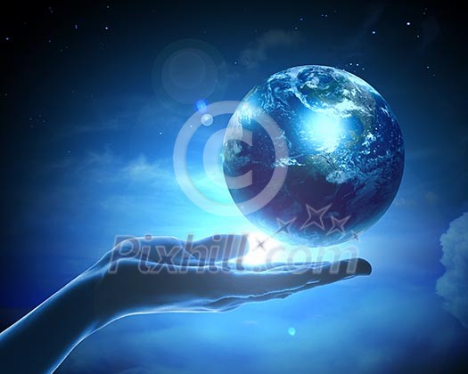 Image of hand holding earth planet against illustration background Image of hand holding earth planet against illustration background