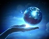 Image of hand holding earth planet against illustration background