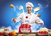 Asian female cooking with magic against color background