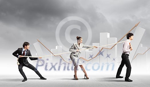 Image of three businesspeople pulling rope with bars picture in background Image of three businesspeople pulling rope with bars picture in background
