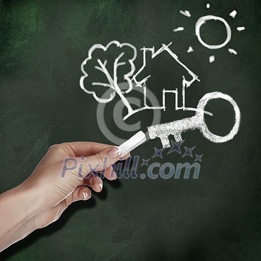 School blackboard and hand with chalk drawing home symbol School blackboard and hand with chalk drawing home symbol