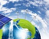 Green planet earth with solar energy batteries installed on it