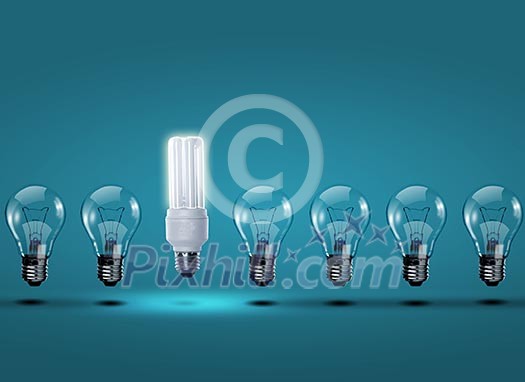 Image of a row of electric bulb with one different from the others Image of a row of electric bulb with one different from the others