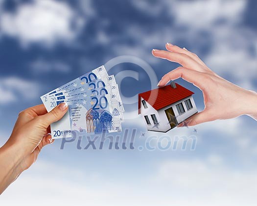 Collage with human hands and house against blue sky Collage with human hands and house against blue sky