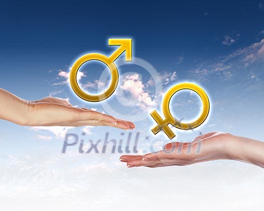 Collage with gender symbols against blue sky Collage with gender symbols against blue sky