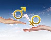 Collage with gender symbols against blue  sky