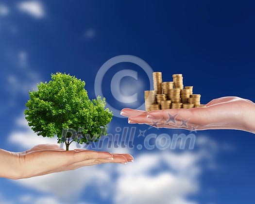 Collage with human hands and ecology symbols Collage with human hands and ecology symbols