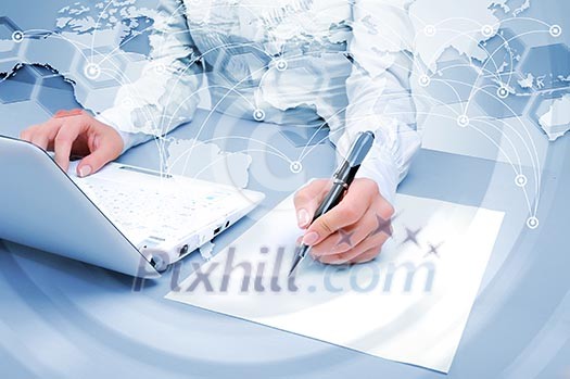 Laptop and business person against technology background