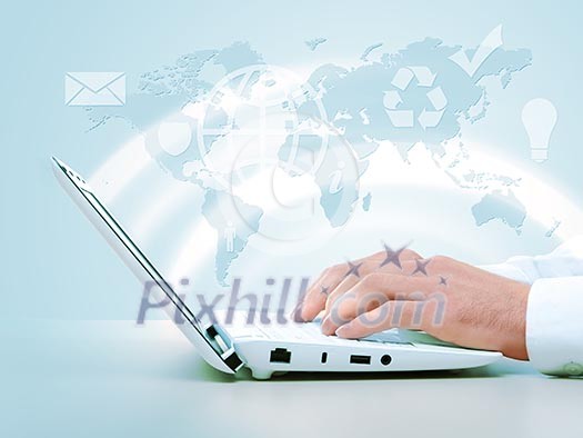 Laptop and business person against technology background Laptop and business person against technology background