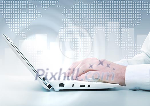 Laptop and business person against technology background Laptop and business person against technology background
