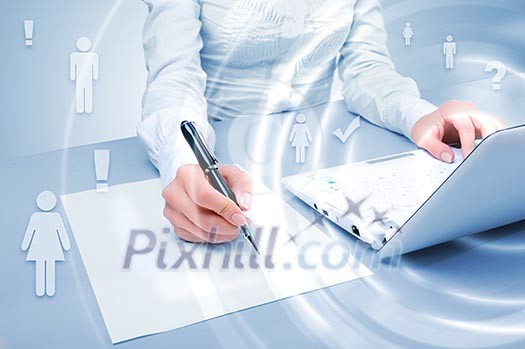 Laptop and business person against technology background Laptop and business person against technology background