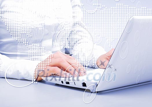 Laptop and business person against technology background Laptop and business person against technology background