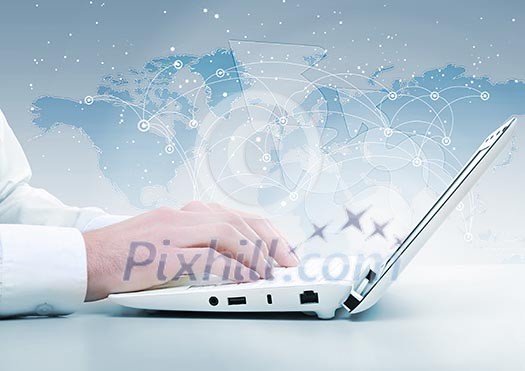 Laptop and business person against technology background Laptop and business person against technology background