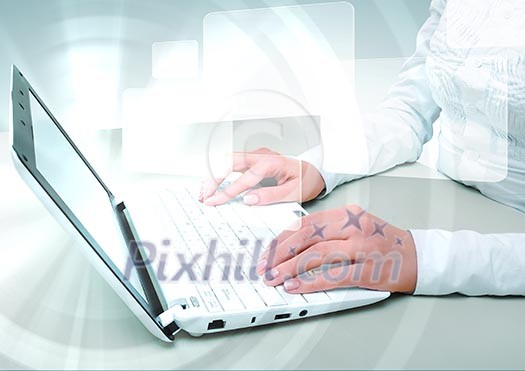 Laptop and business person against technology background Laptop and business person against technology background