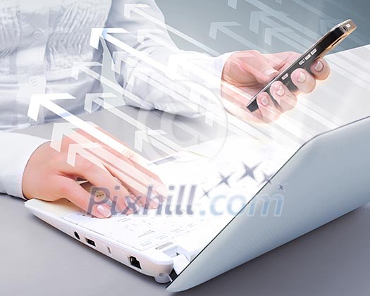 Laptop and business person against technology background