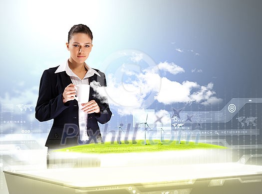 Image of young businesswoman clicking icon on high-tech picture Image of young businesswoman clicking icon on high-tech picture