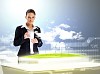 Image of young businesswoman clicking icon on high-tech picture