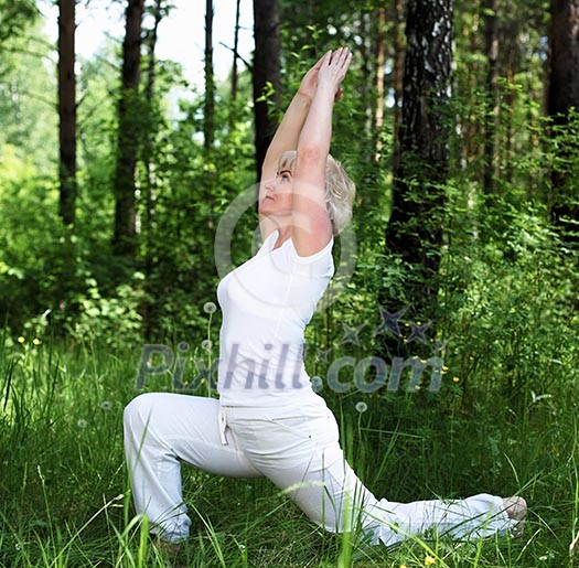 An elderly woman practices yoga in nature. The symbol of healthy lifestyle An elderly woman practices yoga in nature. The symbol of healthy lifestyle