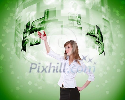business person with virtual digital screens all around business person with virtual digital screens all around