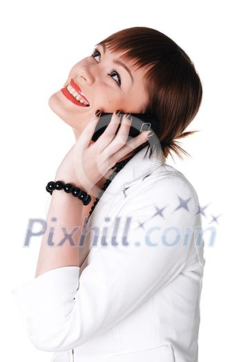 charming brunette business woman in a white jacket with black beads charming brunette business woman in a white jacket with black beads