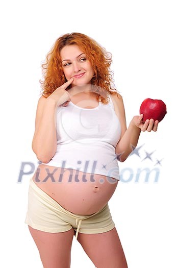 Young redhead pregnant mom thinks about healthy food Young redhead pregnant mom thinks about healthy food