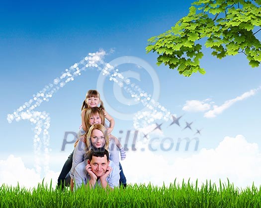 happy family spends time together on nature . Collage. happy family spends time together on nature . Collage.