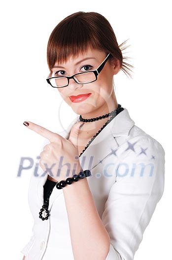 charming brunette business woman in a white jacket with black beads charming brunette business woman in a white jacket with black beads