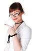 charming brunette business woman in a white jacket with black beads