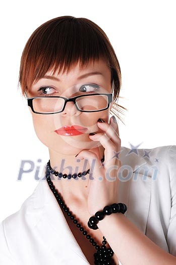 charming brunette business woman in a white jacket with black beads charming brunette business woman in a white jacket with black beads