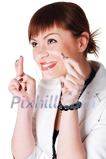 charming brunette business woman in a white jacket with black beads charming brunette business woman in a white jacket with black beads